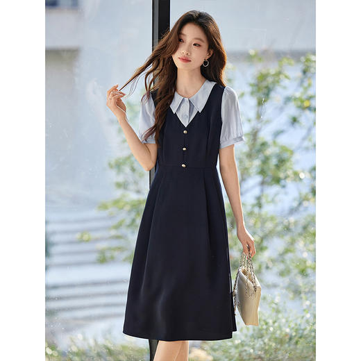 【初夏新品】熙世界假两件撞色短袖连衣裙女2025夏季新款通勤教资面试衬衫裙子 商品图3