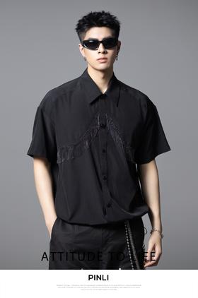 PINLI品立2025夏季新款流苏设计感短袖衬衫男士宽松休闲上衣潮牌B252113040