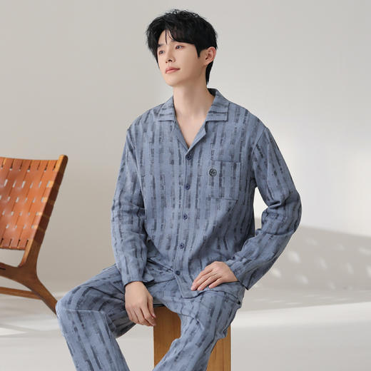 芬腾男士男生睡衣纯棉长袖套装秋季新款时尚休闲简约全棉家居服 商品图1