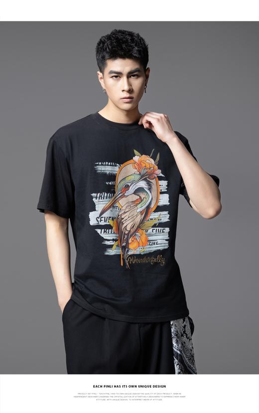 PINLI品立2025夏季新款动物印花烫钻短袖T恤男休闲圆领体恤衫上衣BG252111030 商品图6
