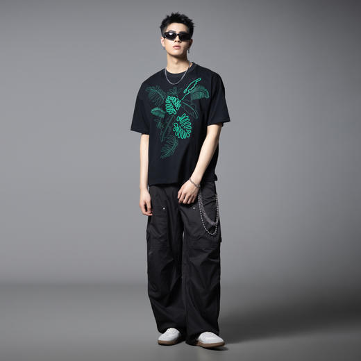 PINLI品立2025夏季新款新中式宽松短袖T恤叶子绣花盘绳休闲男上衣B252111024 商品图1