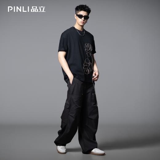 PINLI品立2025夏季新款男士树叶盘绳短袖T恤潮牌宽松休闲体恤上衣B252111027 商品图1