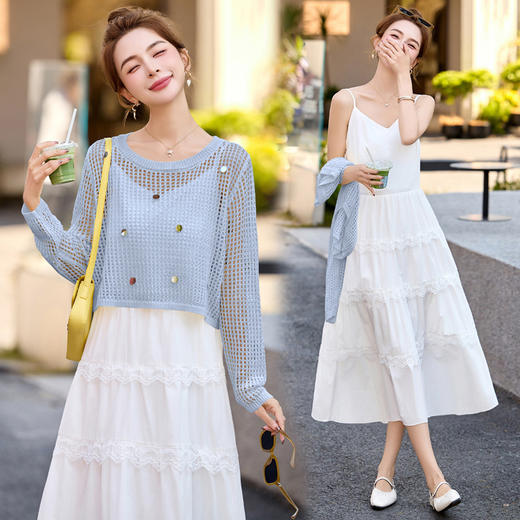 白色吊带连衣裙2025春夏新款韩系独特漂亮超火减龄黄色度假套装裙YF2563 商品图1