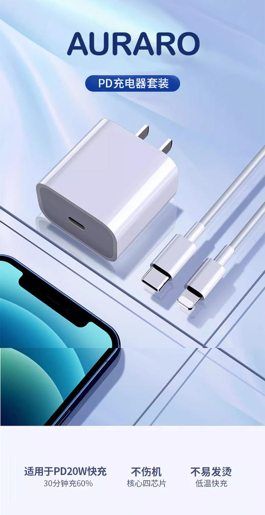 【AURARO 3C认证高质快充组合】超级快充充电器买一送一！💰29.9得两套，⚡ 安卓/苹果都有，📍 快充头+1M数据线，iPhone15/16可用 📍 PD认证芯片，不伤电池的好快充 📍 商品图2