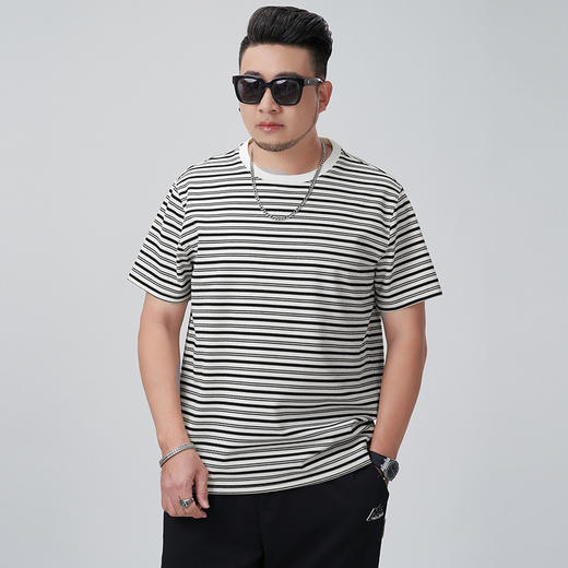 【DMH】大依优型大码条纹短袖T恤男装潮流街头休闲吸汗透气宽松半袖夏装上衣男士 商品图5