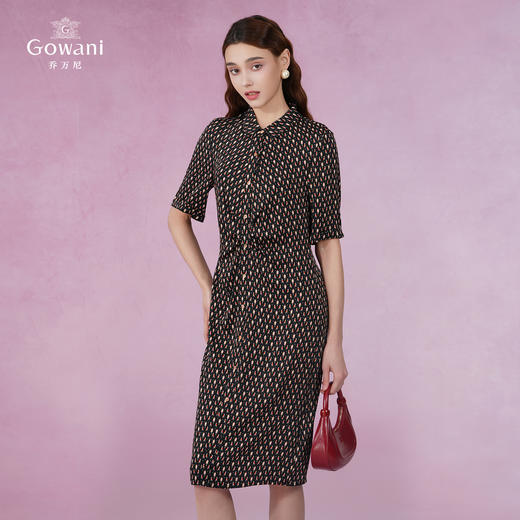 乔万尼规则印花桑蚕丝飘带领真丝连衣裙EI2E836 商品图1