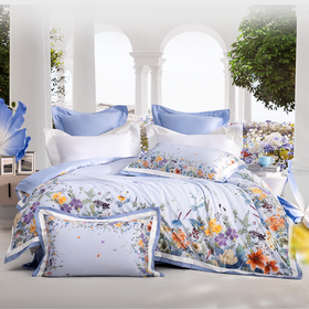 多喜爱 法式轻奢四件套-繁花雅韵(蓝）【60S】【灵动刺绣】【礼盒包装】【芬纳诺抗菌】【法式拼边工艺】【专利床单】长绒棉·如丝顺滑