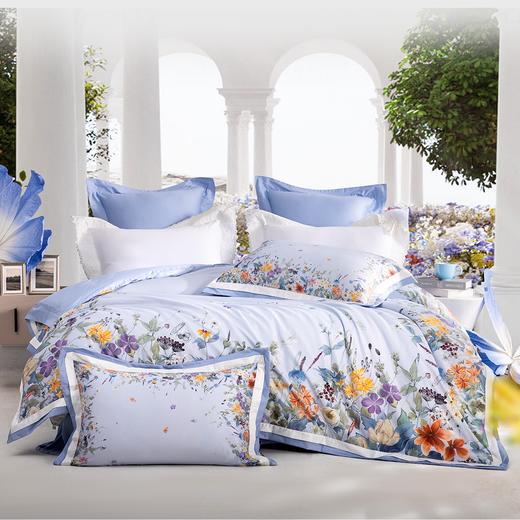 多喜爱 法式轻奢四件套-繁花雅韵(蓝）【60S】【灵动刺绣】【礼盒包装】【芬纳诺抗菌】【法式拼边工艺】【专利床单】长绒棉·如丝顺滑 商品图0
