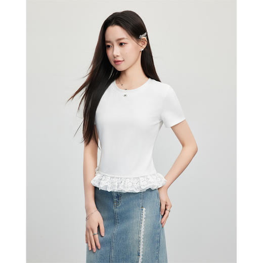 【小个子定制】 IEF/爱依服2025上衣夏季 韩版甜美少女风蕾丝花边下摆设计T恤DS02284-X- 商品图3