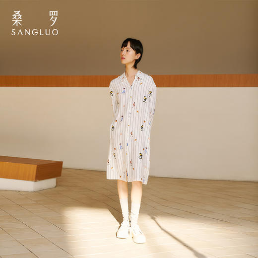 桑罗哑光俏皮真丝衬衫裙中长款早安系列25年春夏新品条纹宽松显瘦 商品图2