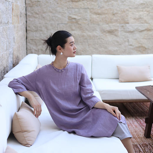 绽放188朵/【宋瓷系列】纯亚麻新中式直筒斜襟高开衩国风连衣裙 商品图1