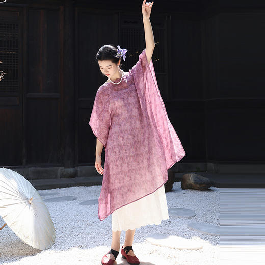 绽放213朵/【宋瓷系列】高密苎麻窑变渐变肌理感宽松中袖连衣裙 商品图2