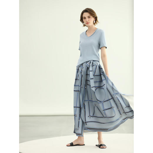 COCOBELLA知性蓝重磅缎面半身裙女早秋设计感印花长裙HS3112-2 商品图2