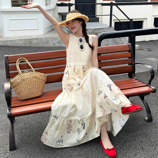 西遇拼接背心连衣裙女2025年夏季新款a字蕾丝蛋糕裙法式无袖长裙SS050502 商品图2