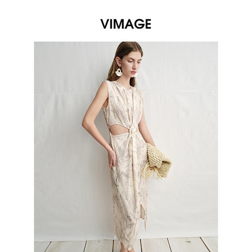 VIMAGE纬漫纪高级感线条花卉腰部镂空扭结收腰连衣裙2025夏季新款V2307913 商品图3