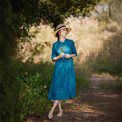 丁摩 苎麻连衣裙五分袖立领盘扣改良旗袍裙中长裙女96267 商品图2