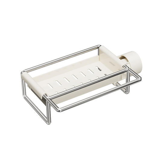 【水龙头置物架】1.洁具收纳 巧用水龙头空间 2.镂空沥水 通风防潮 3.一体式毛巾杆使用更便捷 4.承重大 置物稳固 5.不锈钢边框材质 实心钣金底板+高温烤漆工艺 6.牢固卡扣 自由调节 可拆卸 商品图4