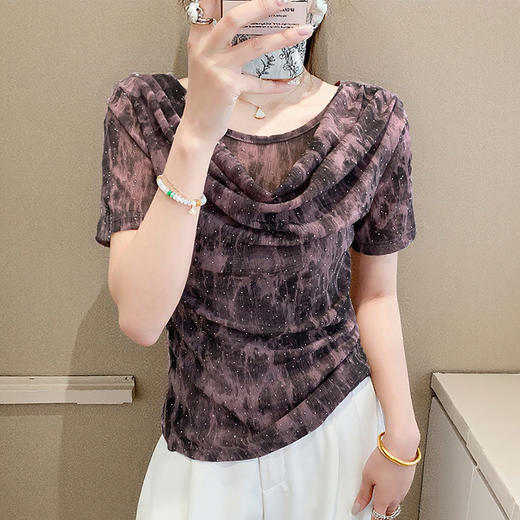 丁摩 褶皱设计感印花短袖上衣SMZ35719 商品图2