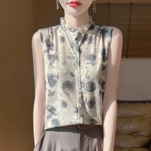 丁摩 木耳边领花边无袖针织上衣M13 商品图0