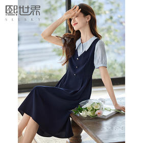 【初夏新品】熙世界假两件撞色短袖连衣裙女2025夏季新款通勤教资面试衬衫裙子