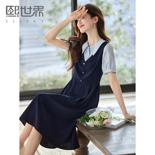 【初夏新品】熙世界假两件撞色短袖连衣裙女2025夏季新款通勤教资面试衬衫裙子 商品图0