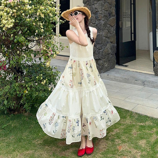 西遇拼接背心连衣裙女2025年夏季新款a字蕾丝蛋糕裙法式无袖长裙SS050502 商品图1