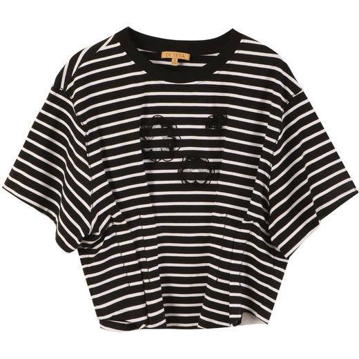 玳莎设计感条纹落肩T恤女2025夏季新款休闲收腰打褶绣花圆领上衣  FB32102 商品图4