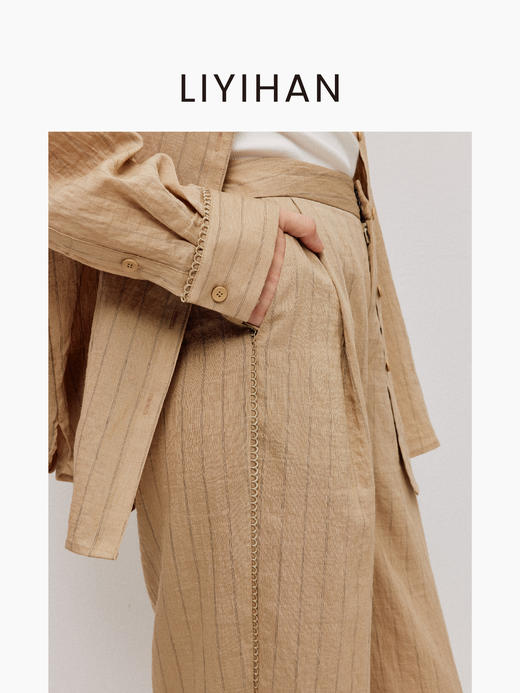 LIYIHAN稿线丨25春新款亚麻绣花边条纹长裤宽松休闲裤舒适透气 商品图3