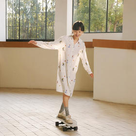 桑罗哑光俏皮真丝衬衫裙中长款早安系列25年春夏新品条纹宽松显瘦