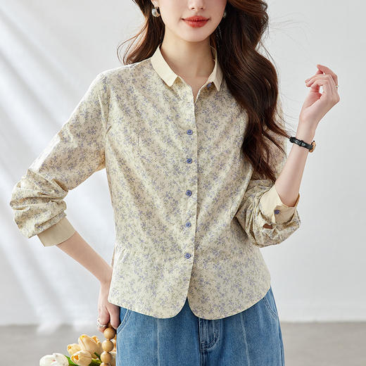百媚生 纯棉碎花衬衫女上衣51111 商品图1