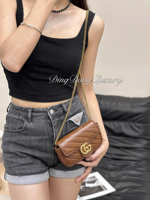 Gucci mini 棕色 牛皮 双g 马蒙 链条包 商品图3