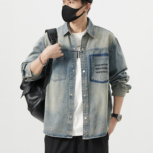 【DQ】大依优型大码男装复古牛仔衬衫宽松百搭潮牌刺绣衬衣外套男上衣胖子潮流 商品图0