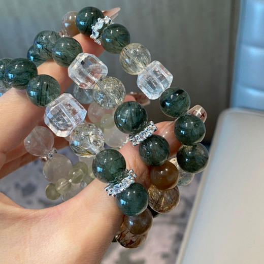 钻石豪门15000积分天然绿发晶黑金超白幽灵白水晶方糖手串招财转运喜金水木（12mm） 商品图2