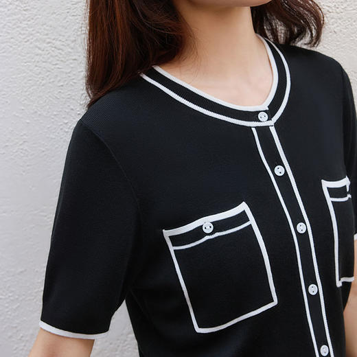 玳莎黑白撞色圆领针织开衫女2025年夏季新款通勤时尚百搭圆领上衣  FB33104 商品图3