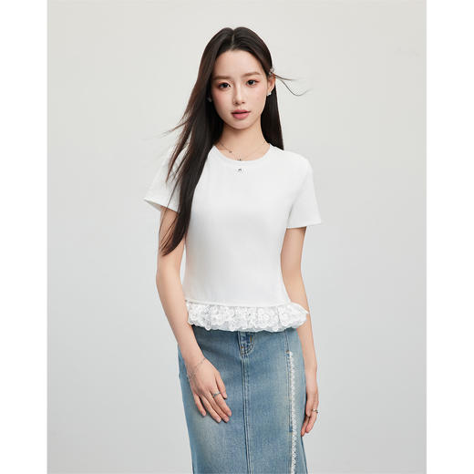 【小个子定制】 IEF/爱依服2025上衣夏季 韩版甜美少女风蕾丝花边下摆设计T恤DS02284-X- 商品图4