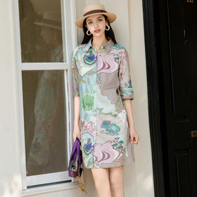 谜底花色连衣裙七分袖女2025夏款度假风原创印花衬衫裙256ML6229