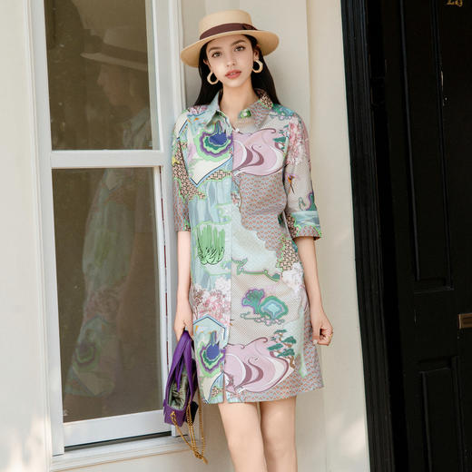 谜底花色连衣裙七分袖女2025夏款度假风原创印花衬衫裙256ML6229 商品图0