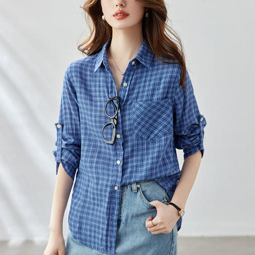 百媚生 春秋季外搭韩系蓝色格子衬衫外套51093 商品图1