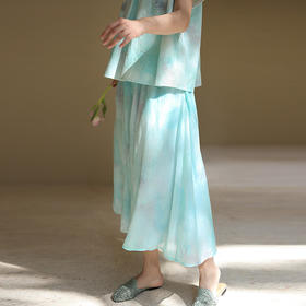 绽放195朵/【宋瓷系列】双层苎麻天青渐变印花全腰松紧半身长裙