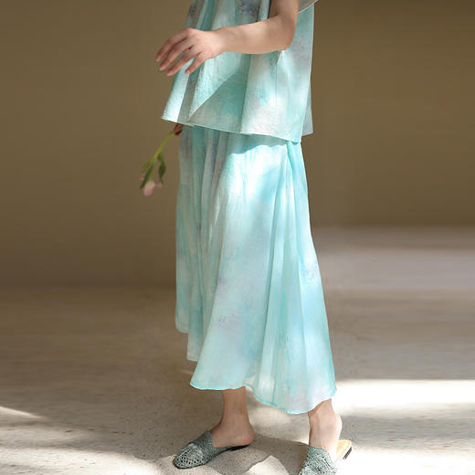 绽放195朵/【宋瓷系列】双层苎麻天青渐变印花全腰松紧半身长裙 商品图0