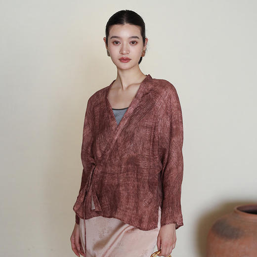 绽放193朵/【宋瓷系列】纯亚麻纹理印花轻薄中式插肩系带短外套 商品图1