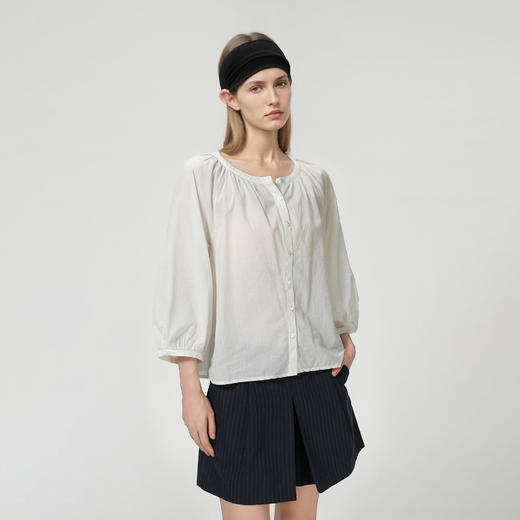 ROMI STUDIO“棉的印迹”100超纤棉洗水肤感圆领泡泡袖衬衣421C6034 商品图1