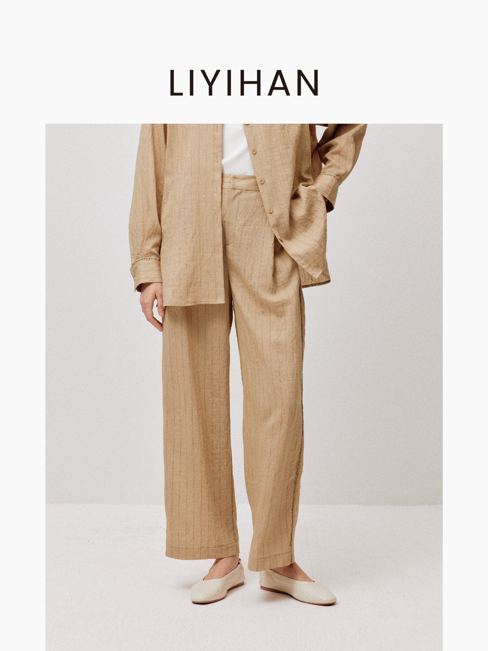 LIYIHAN稿线丨25春新款亚麻绣花边条纹长裤宽松休闲裤舒适透气