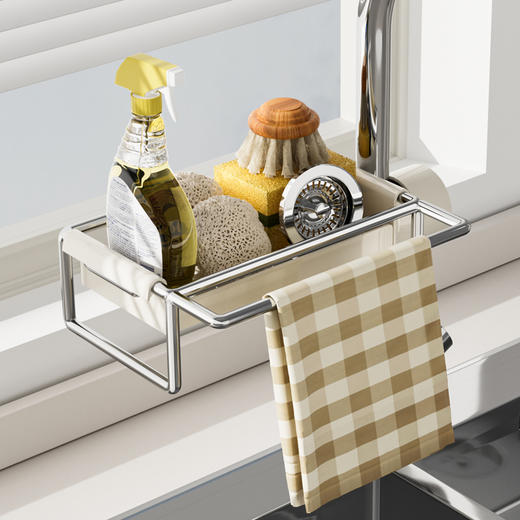 【水龙头置物架】1.洁具收纳 巧用水龙头空间 2.镂空沥水 通风防潮 3.一体式毛巾杆使用更便捷 4.承重大 置物稳固 5.不锈钢边框材质 实心钣金底板+高温烤漆工艺 6.牢固卡扣 自由调节 可拆卸 商品图8