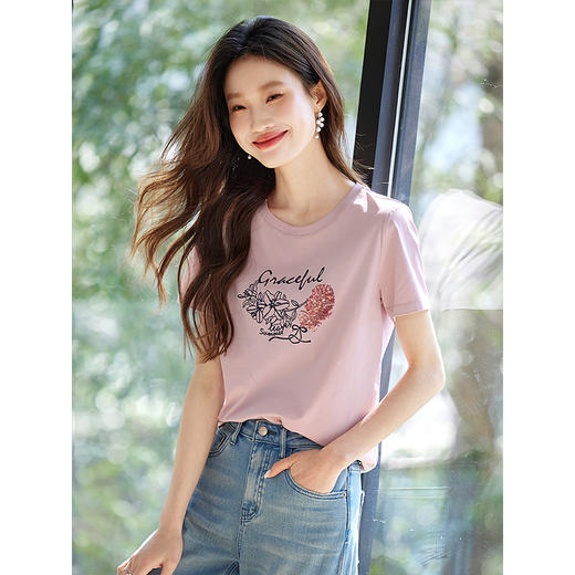 【初夏新品】熙世界优雅百搭透气70%棉25夏季新款圆领T恤女休闲印花女士上衣t 商品图4