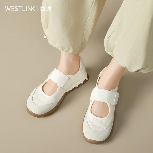 西遇运动芭蕾鞋女新款春夏魔术贴复古休闲鞋厚底黄色玛丽珍鞋V0156573 商品图2