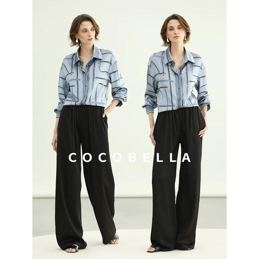 COCOBELLA时尚定位印花缎面衬衫女夏知性蓝通勤上衣SR3098-2 商品图3