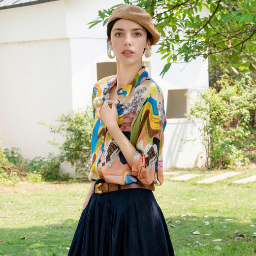 谜底天丝衬衫七分袖女2025夏新款抽象亲肤柔软合体衬衣256MC6285 商品图1