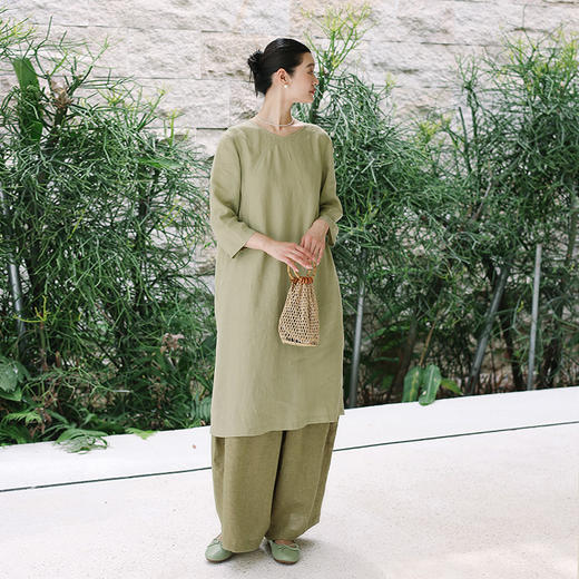 绽放188朵/【宋瓷系列】纯亚麻新中式直筒斜襟高开衩国风连衣裙 商品图0