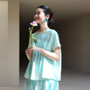 绽放212朵/【宋瓷系列】纯亚麻天青渐变印花碎褶连肩短袖衬衫T恤 商品缩略图1